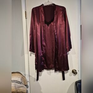 Women's Satin Nightgown Slip With Robe V-Neck Wine, Size XL (23"L x 20"W)